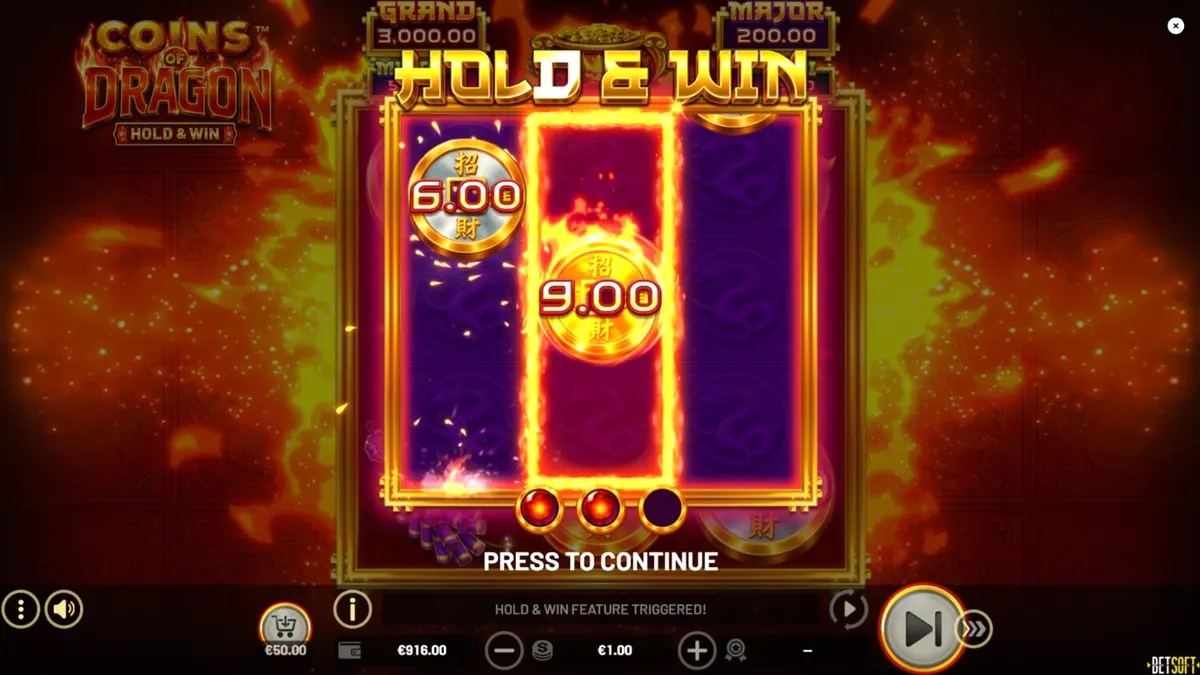 Interface do jogo Coins of Dragon com dragão dourado e moedas